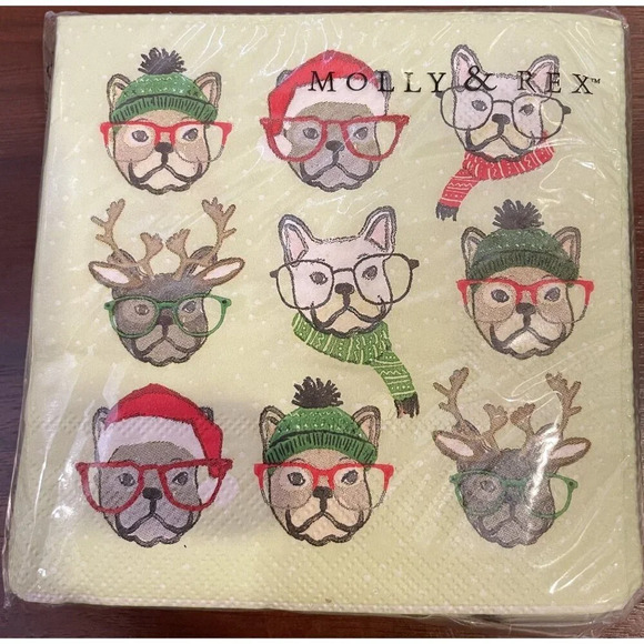 Molly & Rex Cypress Home‎ Christmas Napkins 10"x10" Lot of 2 Bulldog Frenchie - Picture 2 of 5